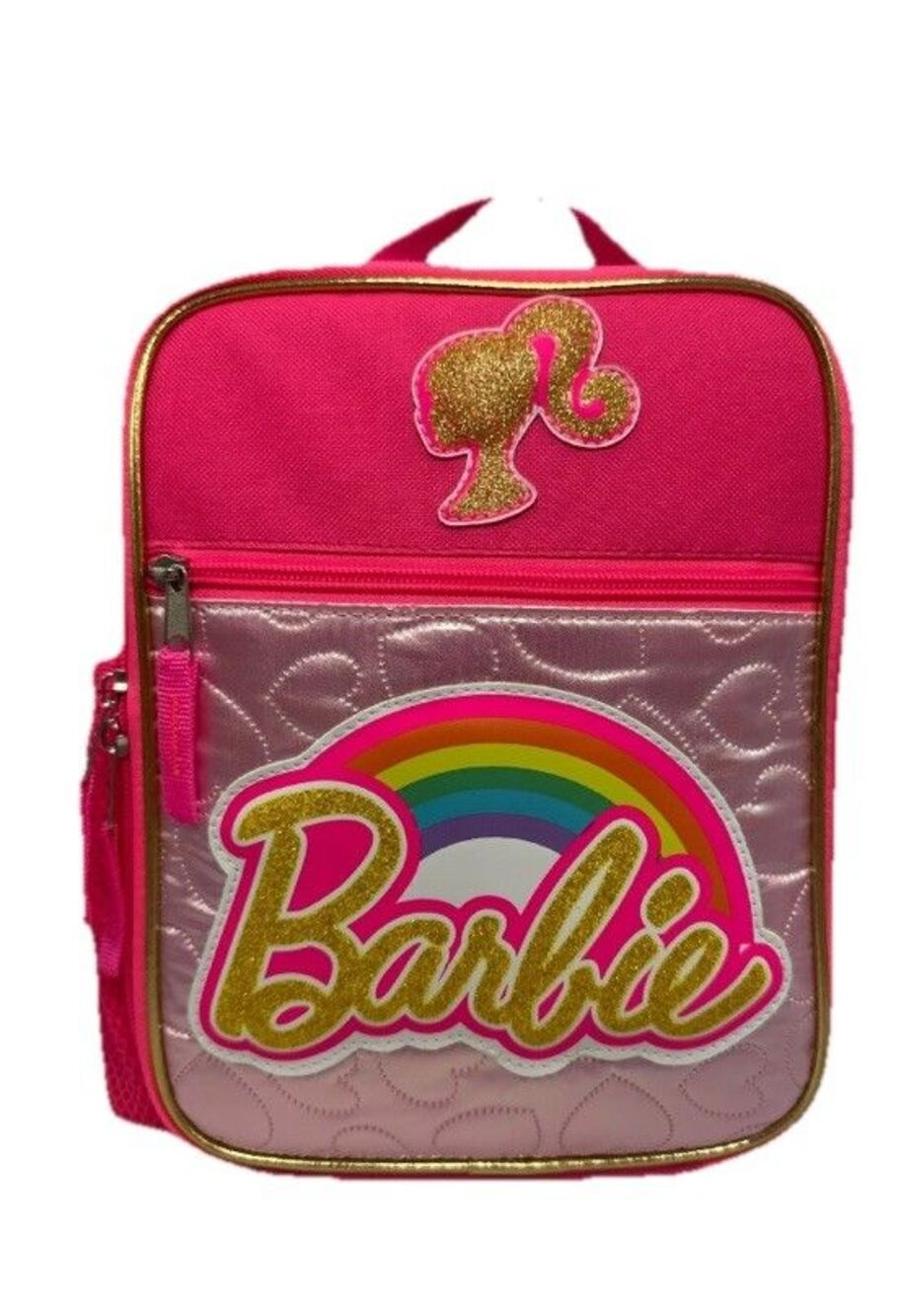 Barbie Reusable Lunch Tote Water Bottle Pouch Inner/Outer Pocket Pink Gold NWT